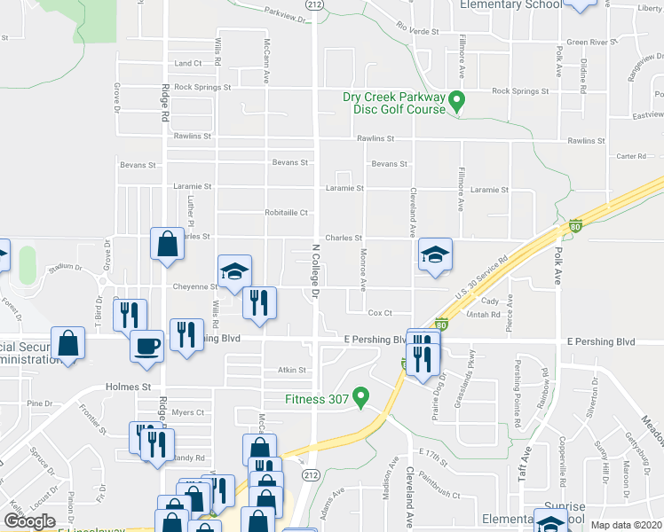 map of restaurants, bars, coffee shops, grocery stores, and more near 4008 Cheyenne Street in Cheyenne