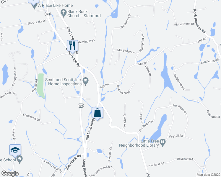 map of restaurants, bars, coffee shops, grocery stores, and more near 21 Mohawk Trail in Stamford
