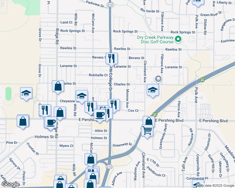 map of restaurants, bars, coffee shops, grocery stores, and more near 4010 Cheyenne Street in Cheyenne