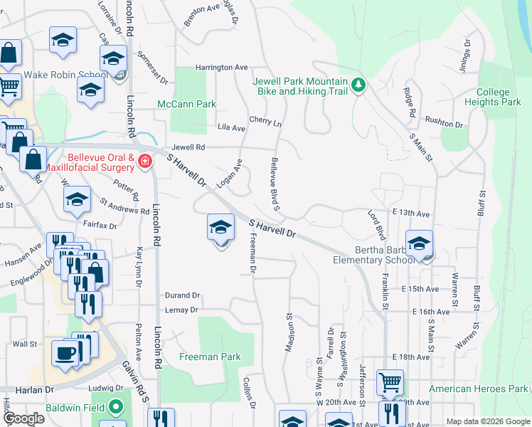 map of restaurants, bars, coffee shops, grocery stores, and more near 606 Gaslight Lane in Bellevue
