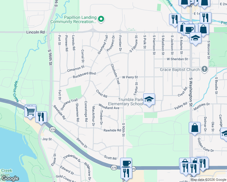 map of restaurants, bars, coffee shops, grocery stores, and more near 905 Lariat Circle in Papillion
