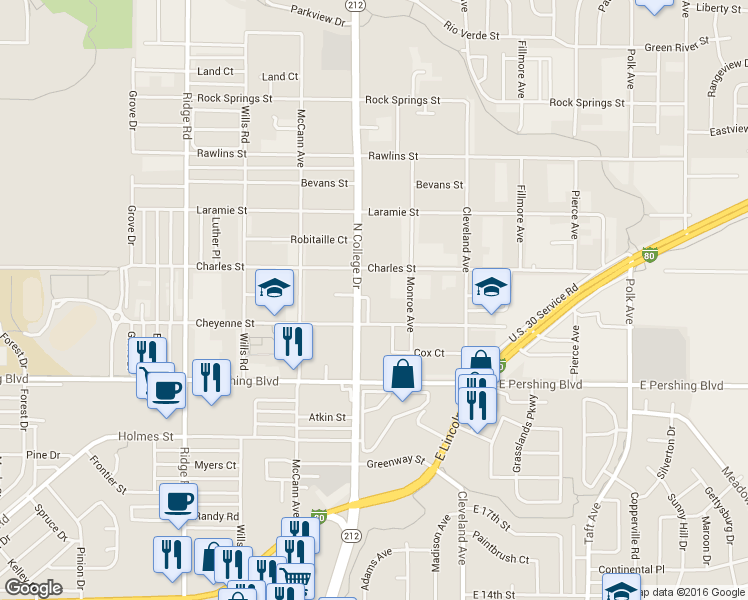 map of restaurants, bars, coffee shops, grocery stores, and more near 4106 Cheyenne Street in Cheyenne