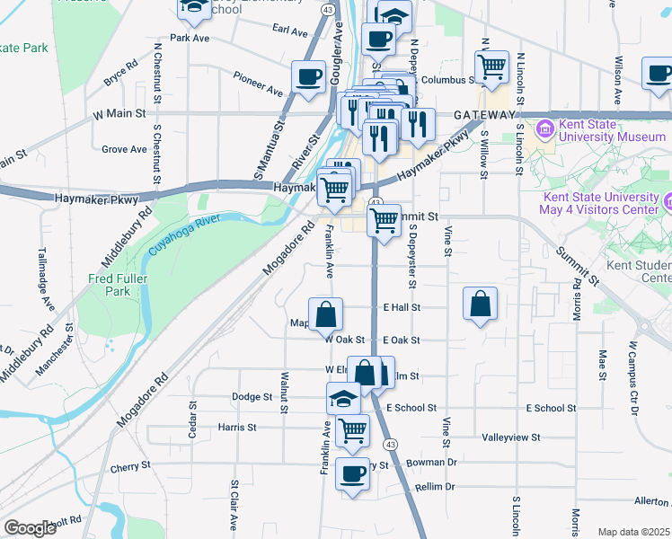 map of restaurants, bars, coffee shops, grocery stores, and more near 609 Franklin Avenue in Kent