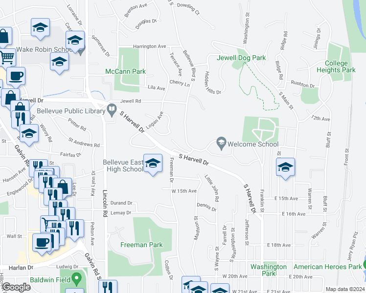 map of restaurants, bars, coffee shops, grocery stores, and more near 505 Gaslight Lane in Bellevue