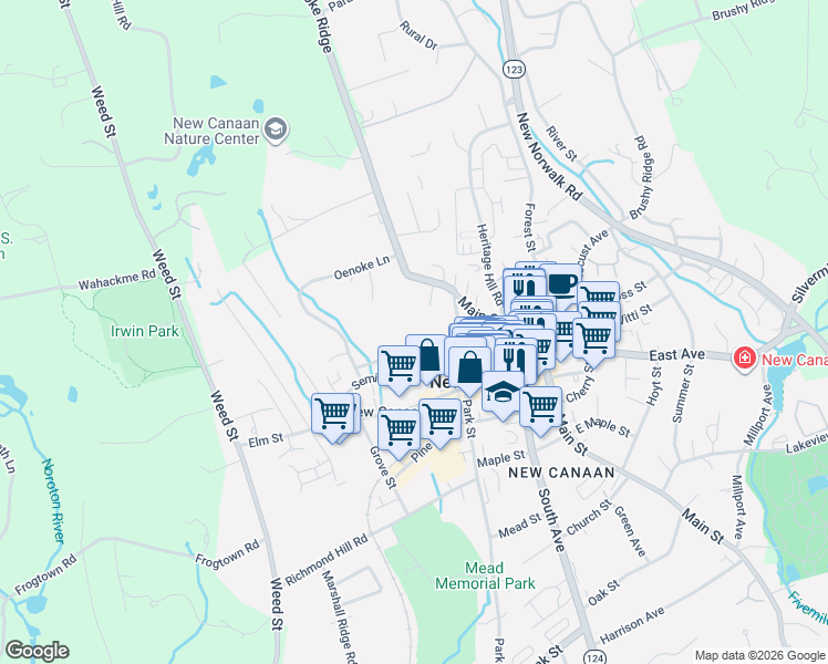 map of restaurants, bars, coffee shops, grocery stores, and more near 25 Saint Johns Place in New Canaan