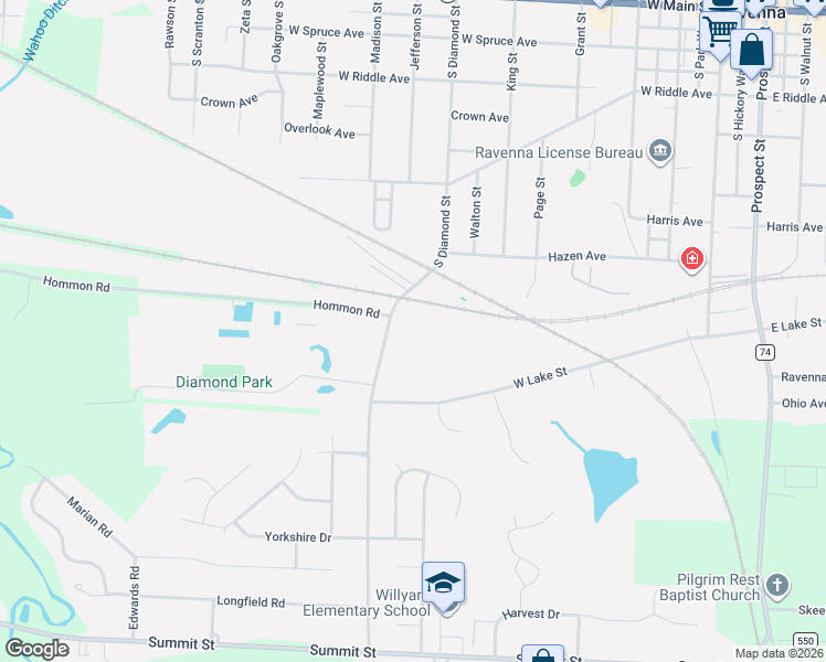 map of restaurants, bars, coffee shops, grocery stores, and more near 823 South Diamond Street in Ravenna