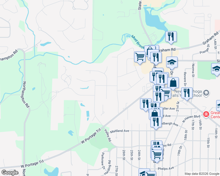 map of restaurants, bars, coffee shops, grocery stores, and more near 2802 Cedar Hill Road in Cuyahoga Falls