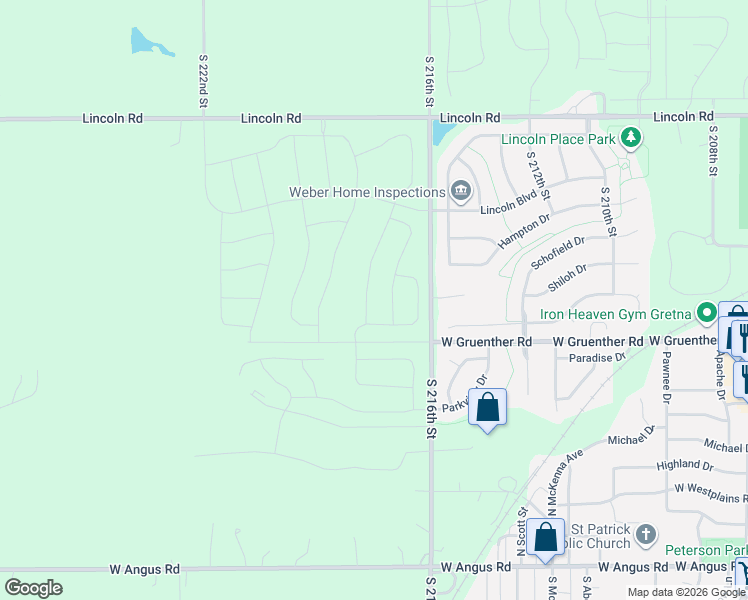map of restaurants, bars, coffee shops, grocery stores, and more near 21723 McClellan Drive in Gretna