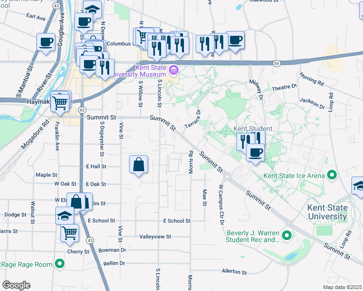 map of restaurants, bars, coffee shops, grocery stores, and more near 618 East Summit Street in Kent