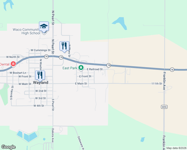 map of restaurants, bars, coffee shops, grocery stores, and more near 499 East Front Street in Wayland