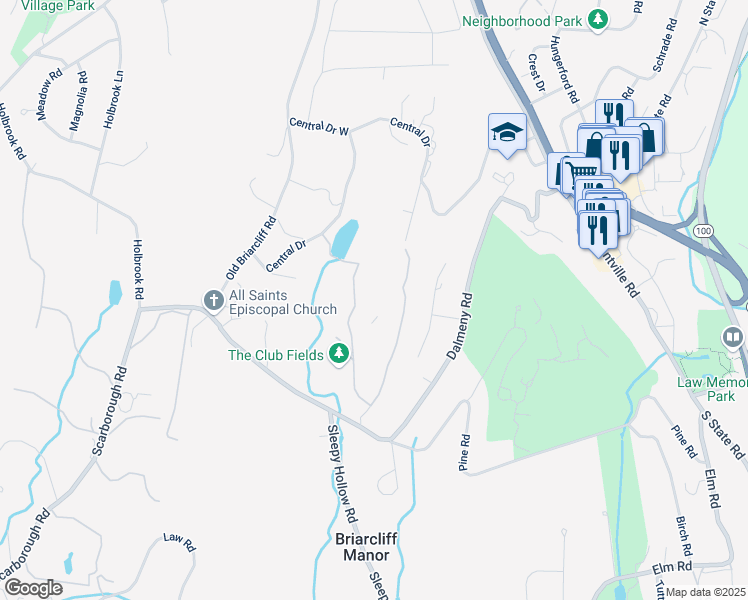 map of restaurants, bars, coffee shops, grocery stores, and more near 25 Scarborough Road in Briarcliff Manor