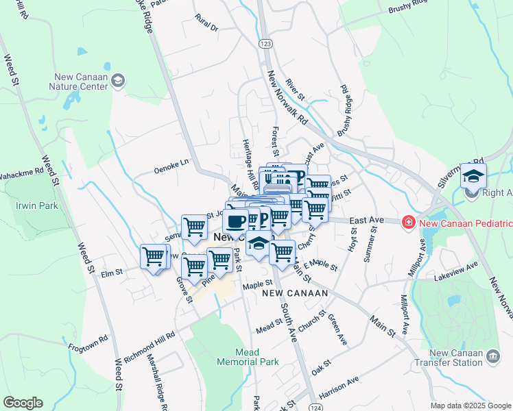 map of restaurants, bars, coffee shops, grocery stores, and more near 51 Main Street in New Canaan