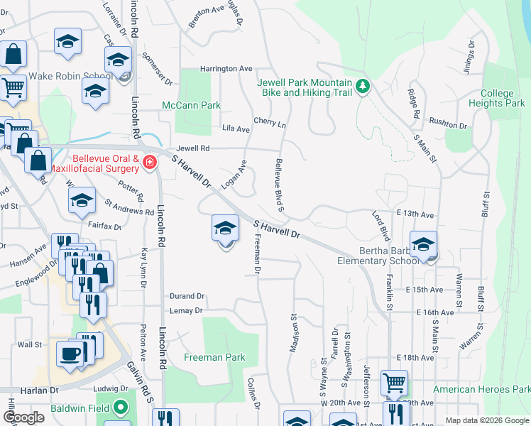map of restaurants, bars, coffee shops, grocery stores, and more near 505 Gaslight Lane in Bellevue