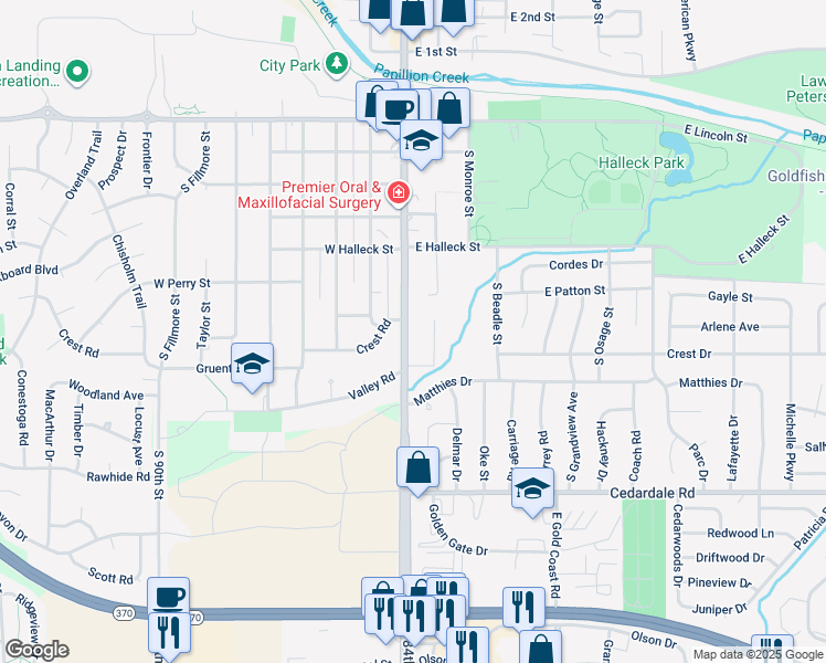 map of restaurants, bars, coffee shops, grocery stores, and more near 849 South Washington Street in Papillion