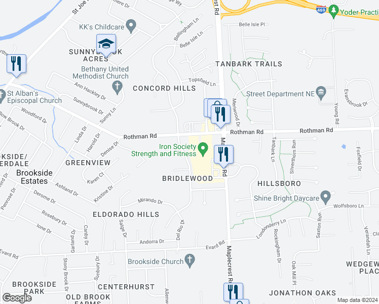 map of restaurants, bars, coffee shops, grocery stores, and more near 7228 Wrangler Trail in Fort Wayne