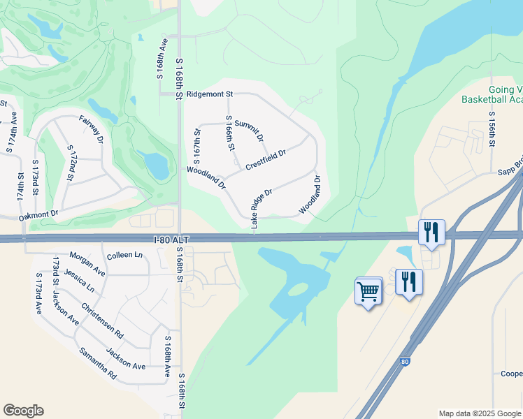 map of restaurants, bars, coffee shops, grocery stores, and more near 11073 Lake Ridge Drive in Omaha