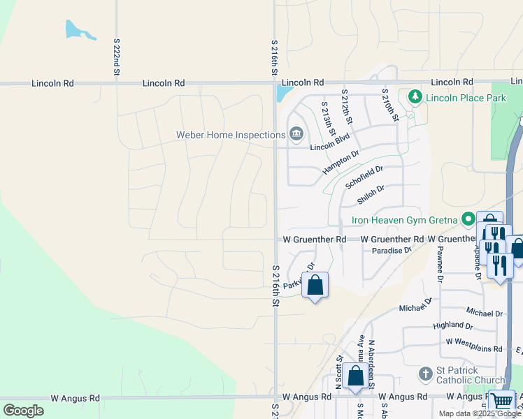 map of restaurants, bars, coffee shops, grocery stores, and more near 11108 South 216th Street in Gretna