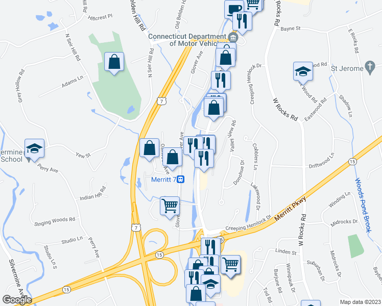 map of restaurants, bars, coffee shops, grocery stores, and more near 401 Main Avenue in Norwalk