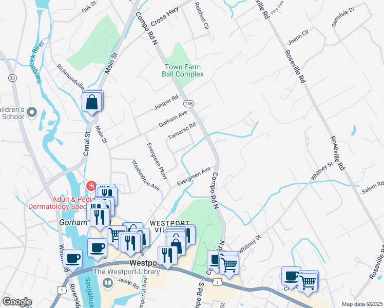 map of restaurants, bars, coffee shops, grocery stores, and more near 10 Lone Pine Lane in Westport