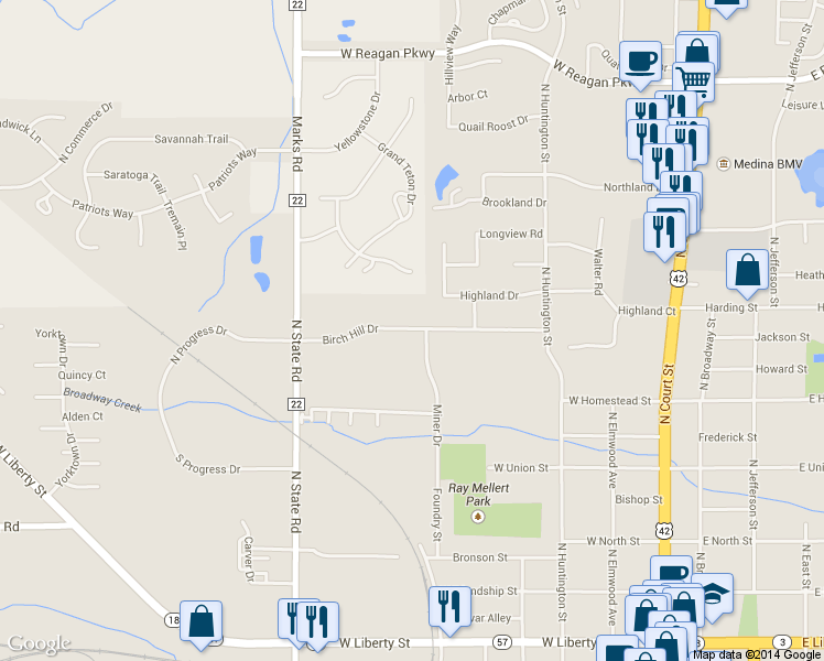 map of restaurants, bars, coffee shops, grocery stores, and more near 520 Birch Hill Drive in Medina