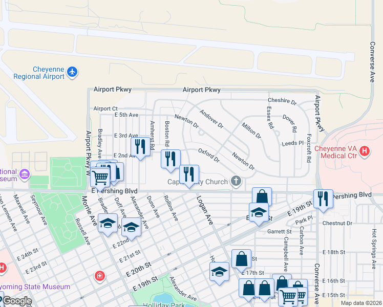map of restaurants, bars, coffee shops, grocery stores, and more near 3435 Concord Road in Cheyenne