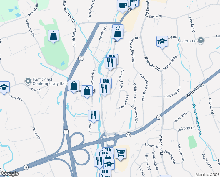 map of restaurants, bars, coffee shops, grocery stores, and more near 430 Main Avenue in Norwalk
