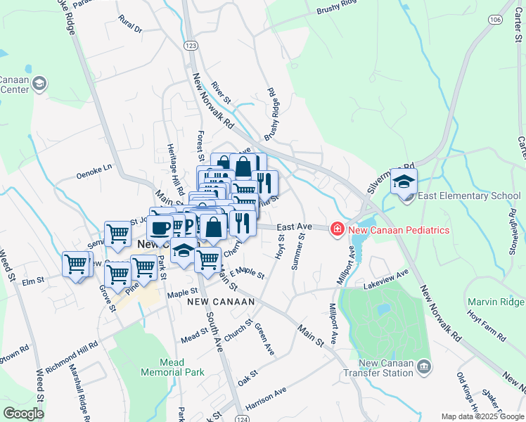 map of restaurants, bars, coffee shops, grocery stores, and more near 64 East Avenue in New Canaan