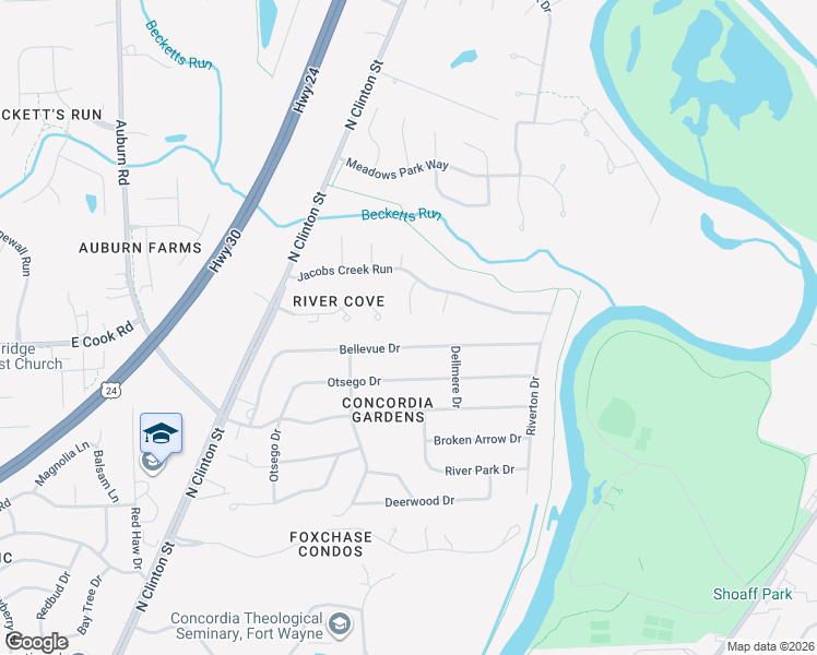 map of restaurants, bars, coffee shops, grocery stores, and more near 2405 Bellevue Drive in Fort Wayne