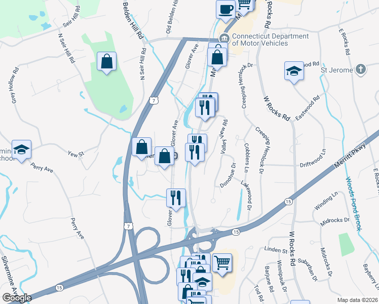map of restaurants, bars, coffee shops, grocery stores, and more near 501 Merritt 7 in Norwalk
