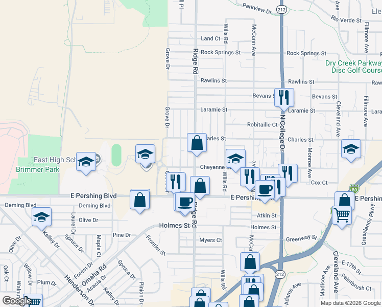 map of restaurants, bars, coffee shops, grocery stores, and more near 3416 Ridge Road in Cheyenne