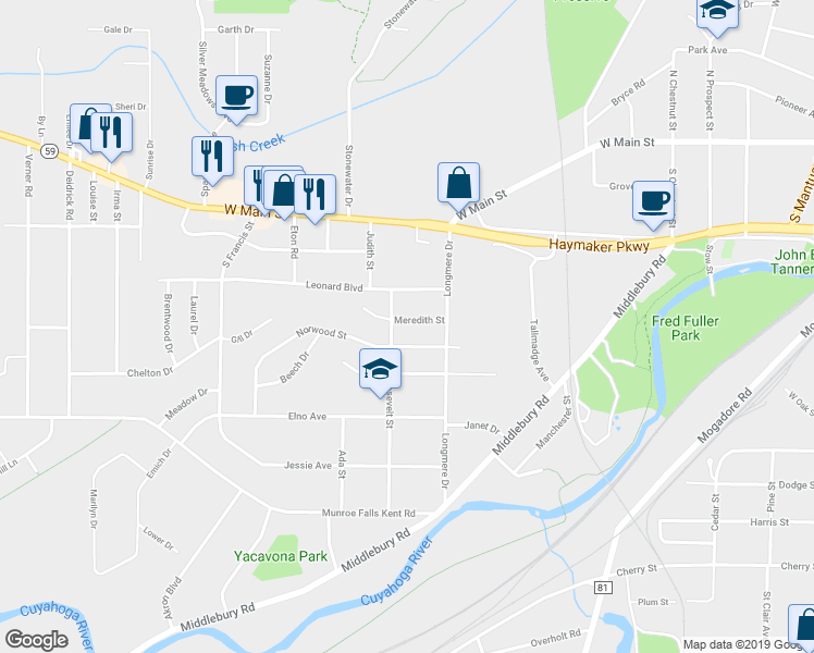 map of restaurants, bars, coffee shops, grocery stores, and more near 1034 Meredith Street in Kent