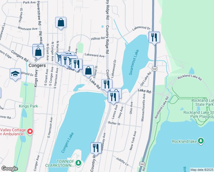 map of restaurants, bars, coffee shops, grocery stores, and more near 21 New York 303 in Congers