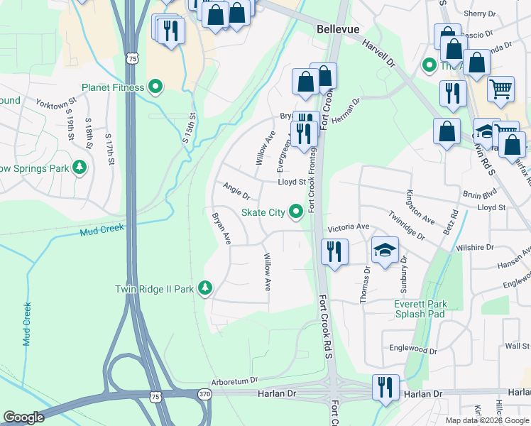 map of restaurants, bars, coffee shops, grocery stores, and more near 1213 Willow Avenue in Bellevue