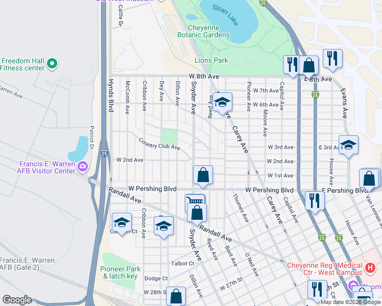 map of restaurants, bars, coffee shops, grocery stores, and more near 3502 Snyder Avenue in Cheyenne