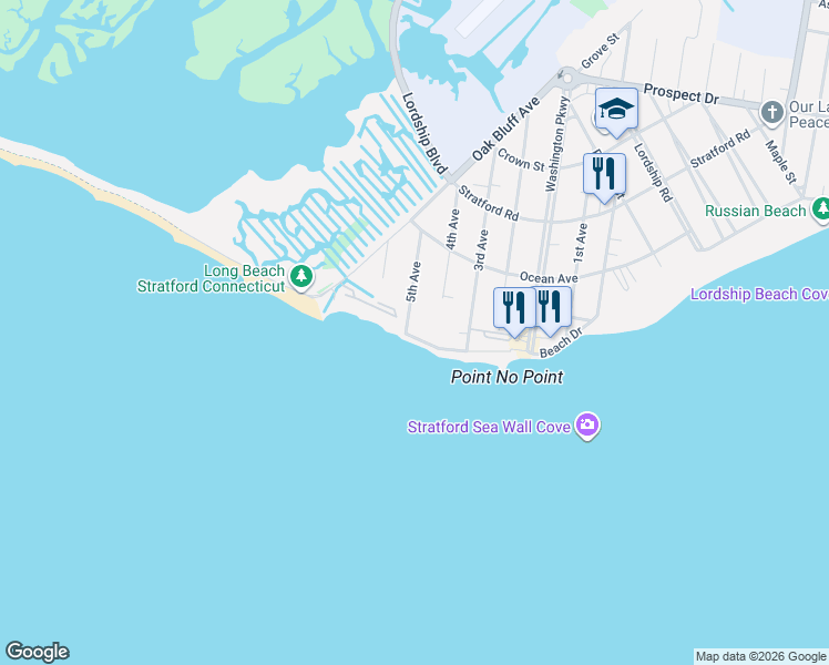 map of restaurants, bars, coffee shops, grocery stores, and more near 78 Shoreline Drive in Stratford