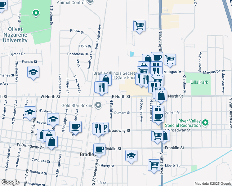 map of restaurants, bars, coffee shops, grocery stores, and more near 200 East North Street in Bradley