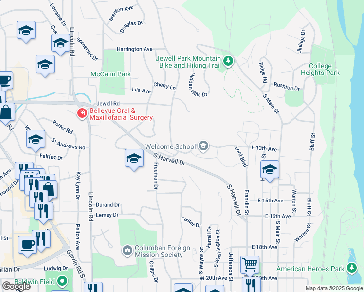 map of restaurants, bars, coffee shops, grocery stores, and more near 1205 Bellevue Boulevard South in Bellevue