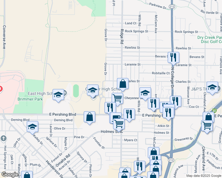 map of restaurants, bars, coffee shops, grocery stores, and more near 3400 Grove Drive in Cheyenne