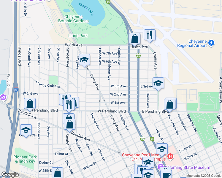 map of restaurants, bars, coffee shops, grocery stores, and more near 206 West 2nd Avenue in Cheyenne