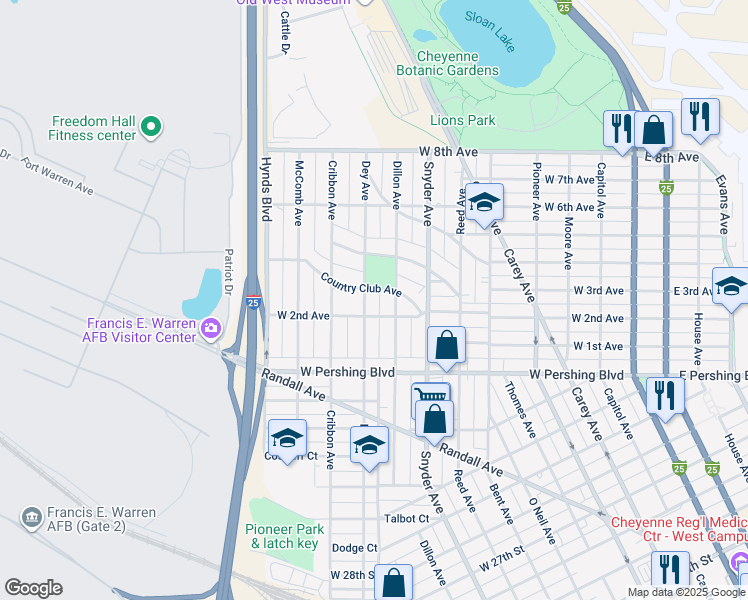 map of restaurants, bars, coffee shops, grocery stores, and more near 1014 West 2nd Avenue in Cheyenne