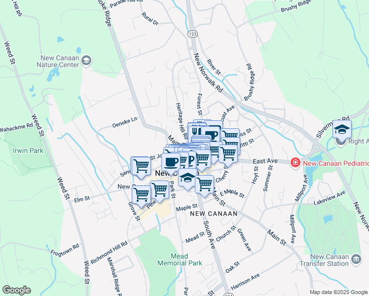 map of restaurants, bars, coffee shops, grocery stores, and more near 51 Main Street in New Canaan