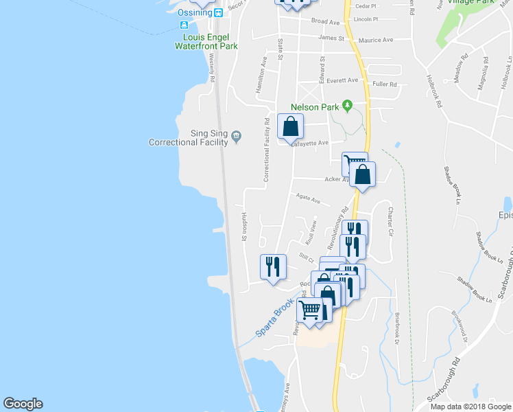 map of restaurants, bars, coffee shops, grocery stores, and more near 64 Hudson Point Lane in Ossining