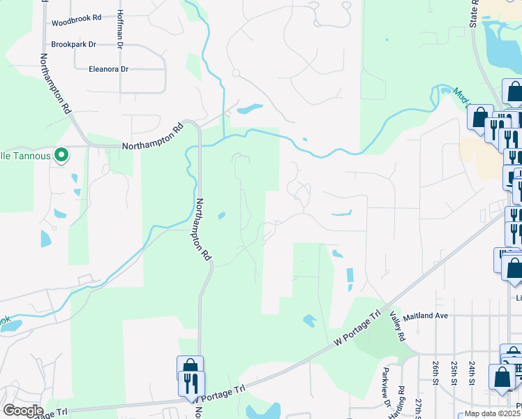 map of restaurants, bars, coffee shops, grocery stores, and more near 617 Meredith Lane in Cuyahoga Falls