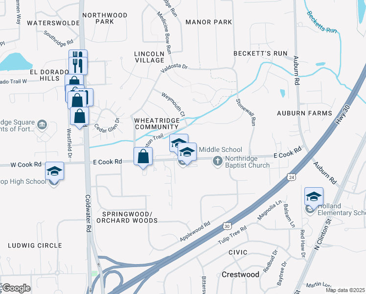 map of restaurants, bars, coffee shops, grocery stores, and more near 1001 East Cook Road in Fort Wayne