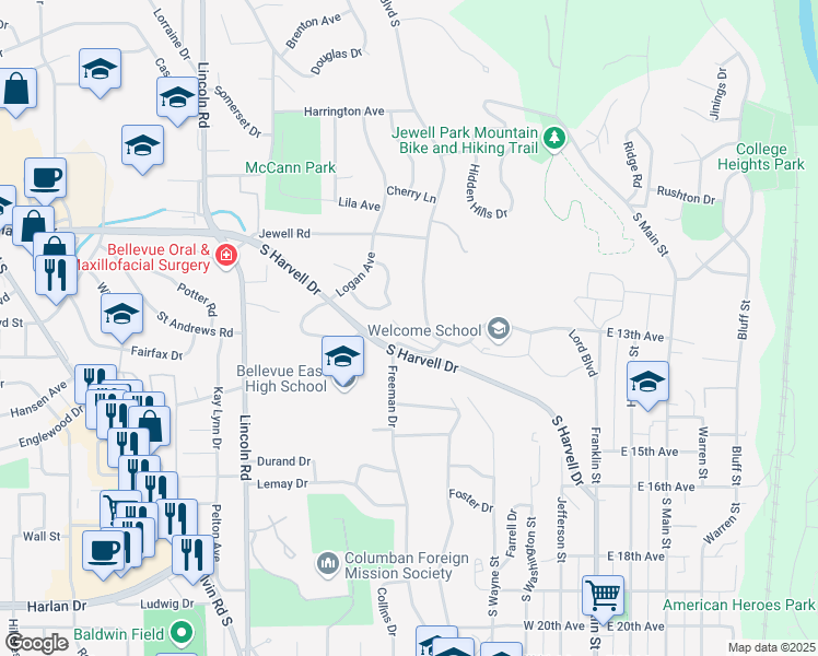 map of restaurants, bars, coffee shops, grocery stores, and more near 505 Gaslight Lane in Bellevue