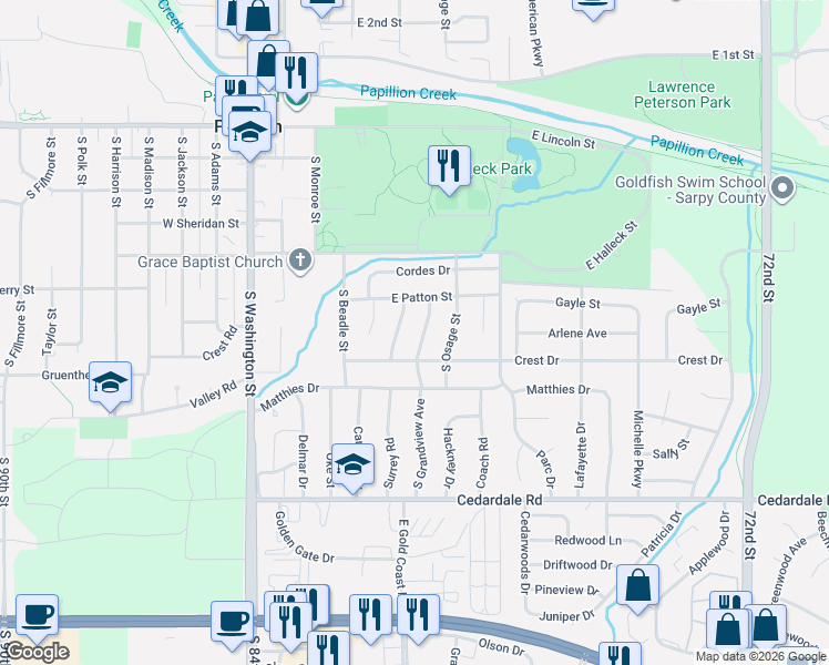 map of restaurants, bars, coffee shops, grocery stores, and more near 815 South Grandview Avenue in Papillion