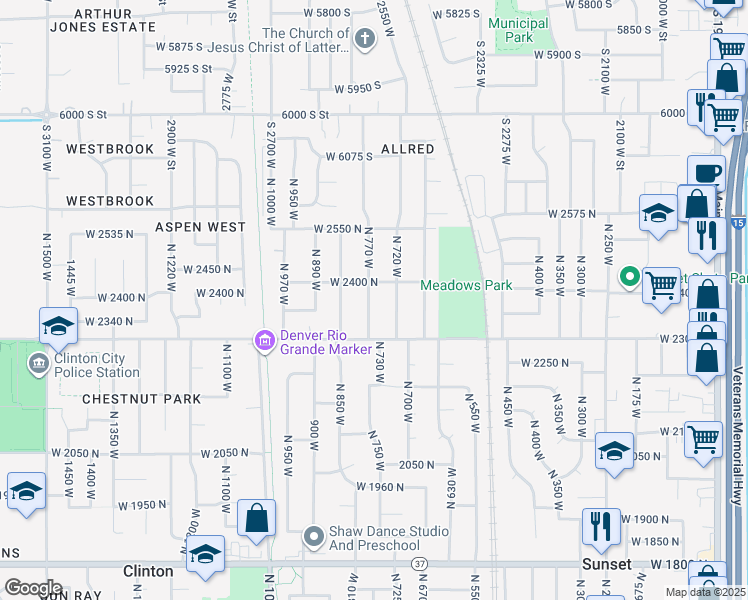 map of restaurants, bars, coffee shops, grocery stores, and more near 2382 North 770 West in Clinton