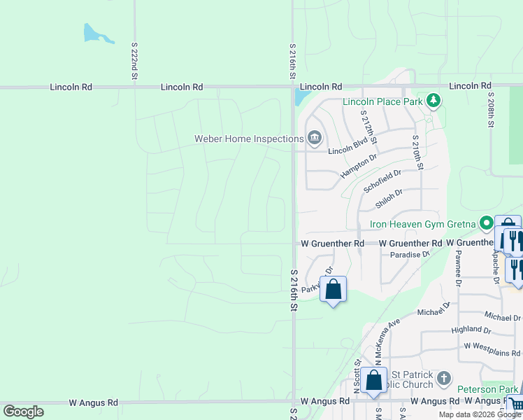 map of restaurants, bars, coffee shops, grocery stores, and more near 11108 South 216th Street in Gretna