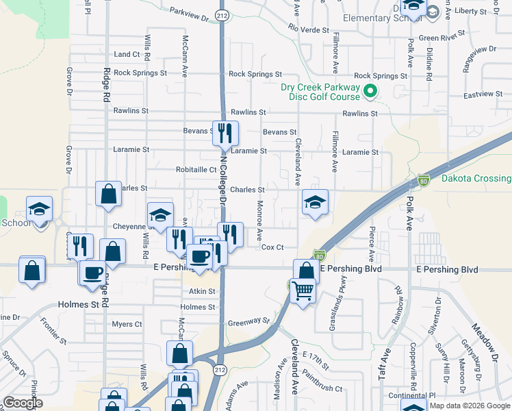 map of restaurants, bars, coffee shops, grocery stores, and more near 3422 Monroe Avenue in Cheyenne