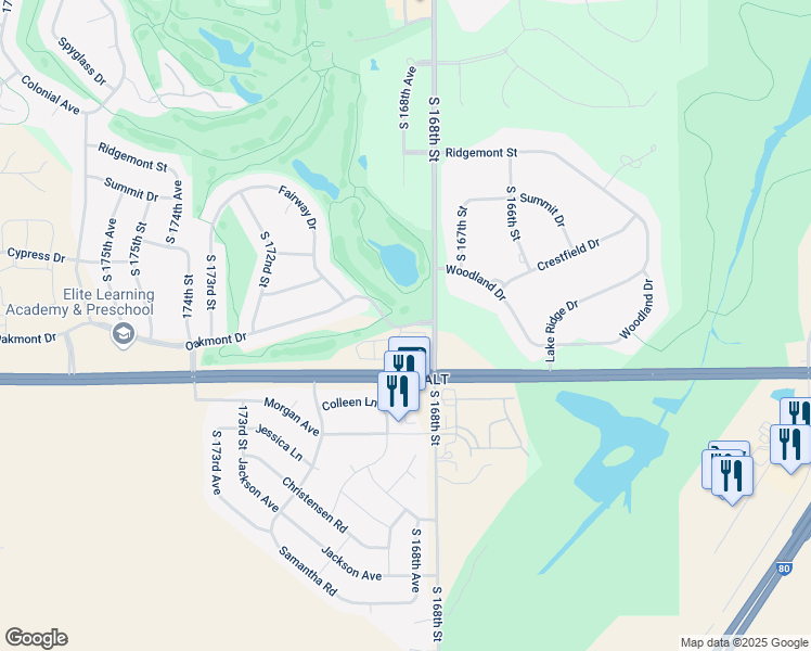 map of restaurants, bars, coffee shops, grocery stores, and more near 16889 Oakmont Drive in Omaha